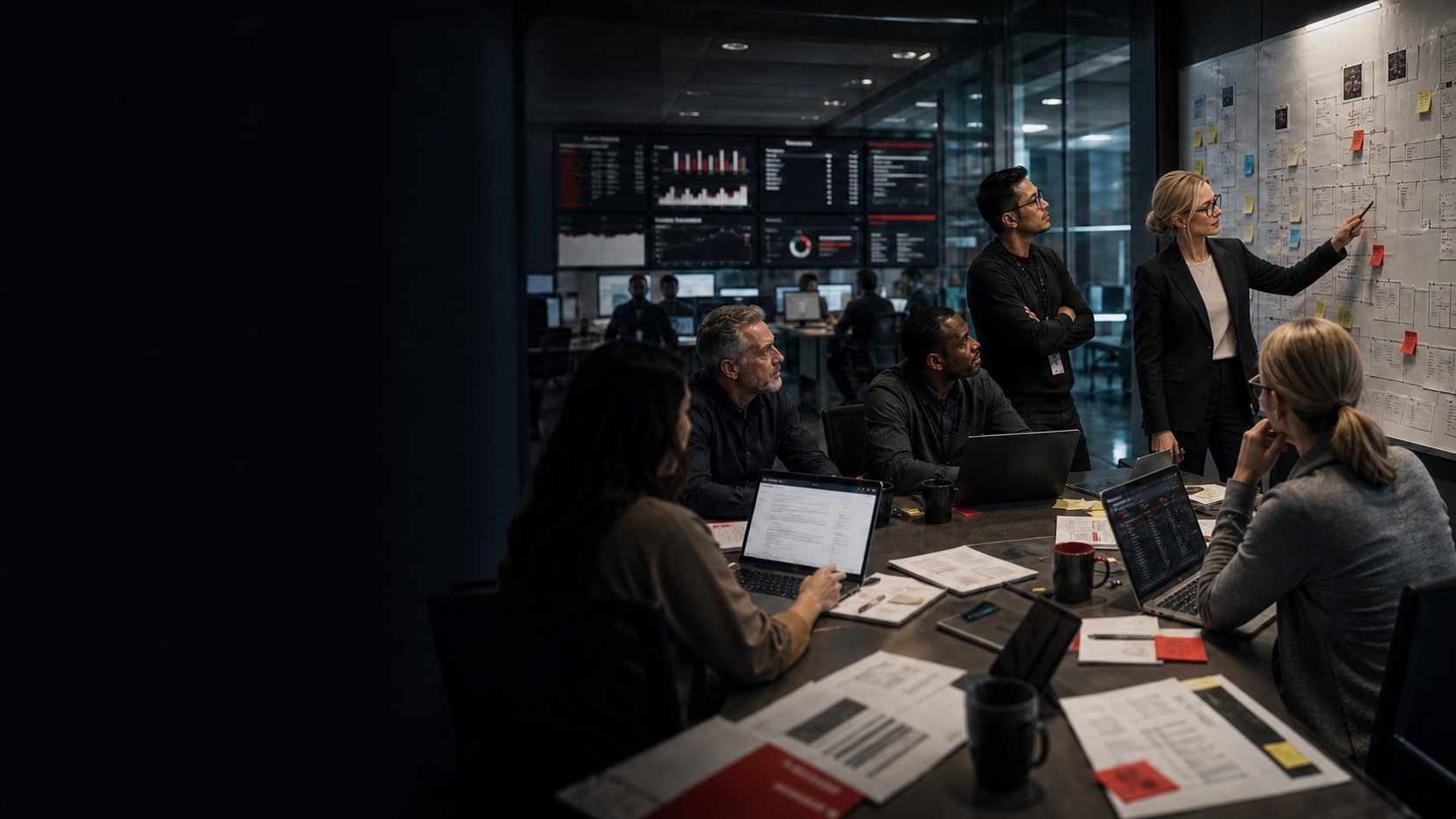 Embedded public-sector operators coordinating software modernization from an operations room
