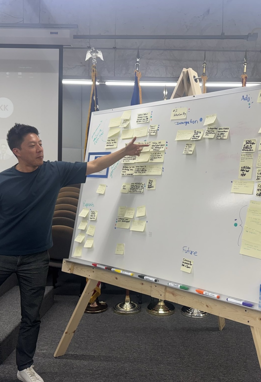 Yat Choi walking through sticky notes on a whiteboard